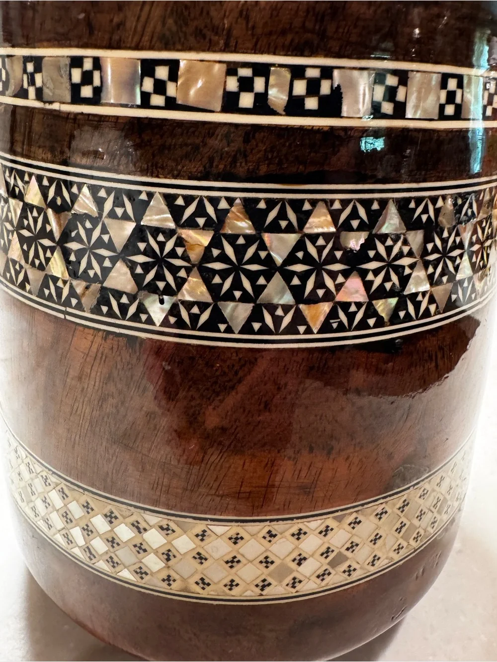 Vintage Mother of Pearl Inlaid Wood Vase 12”